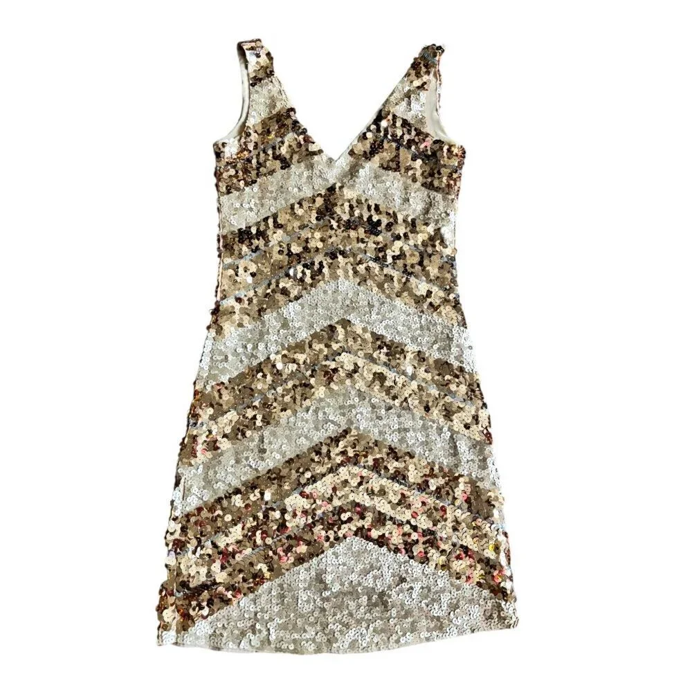 Belle G Jolene Gold Sequin Short V Neck Golden Dress - Picture 4 of 8